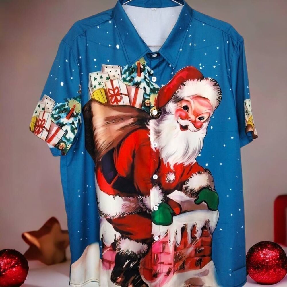 Santa Shirt Mens Sz Medium Button Front Christmas‎ Claus Holiday